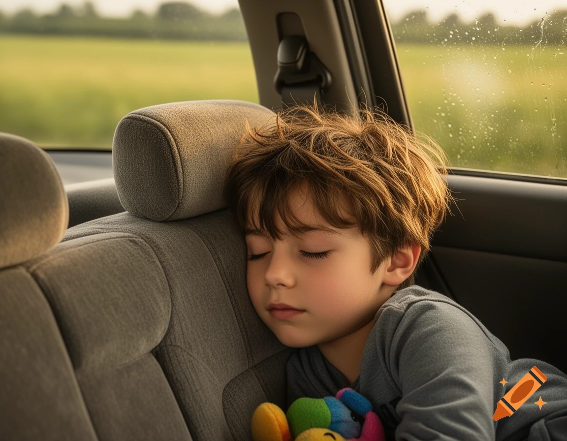 A young boy with brown hair sleeping peacefully in the backseat of a car, holding a colorful plush toy. Photorealistic.