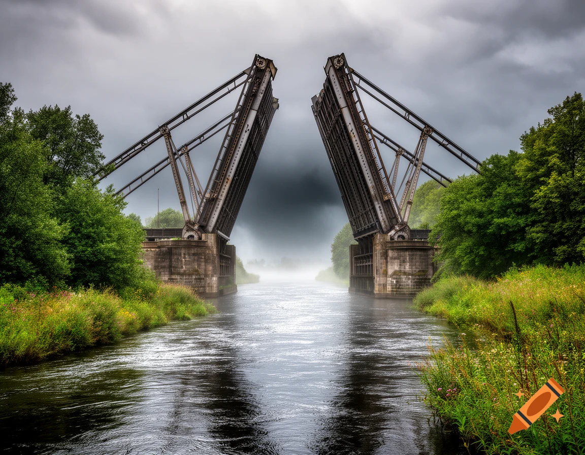 Photorealistic image of a raised drawbridge spanning a misty river, surrounded by lush green trees and under a dark, cloudy sky.
