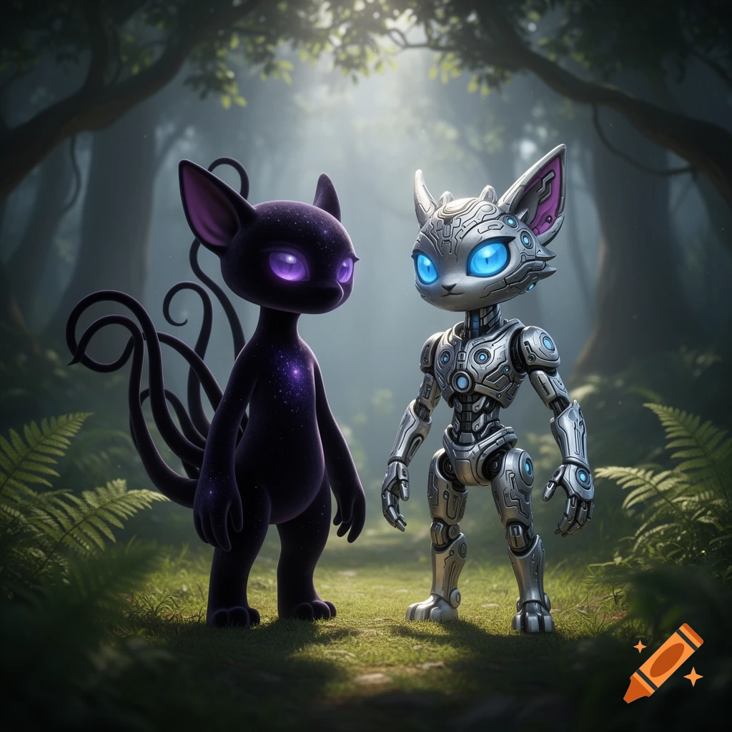 A dark, star-speckled cat-like creature and a metallic robot cat creature stand side-by-side in a misty forest.