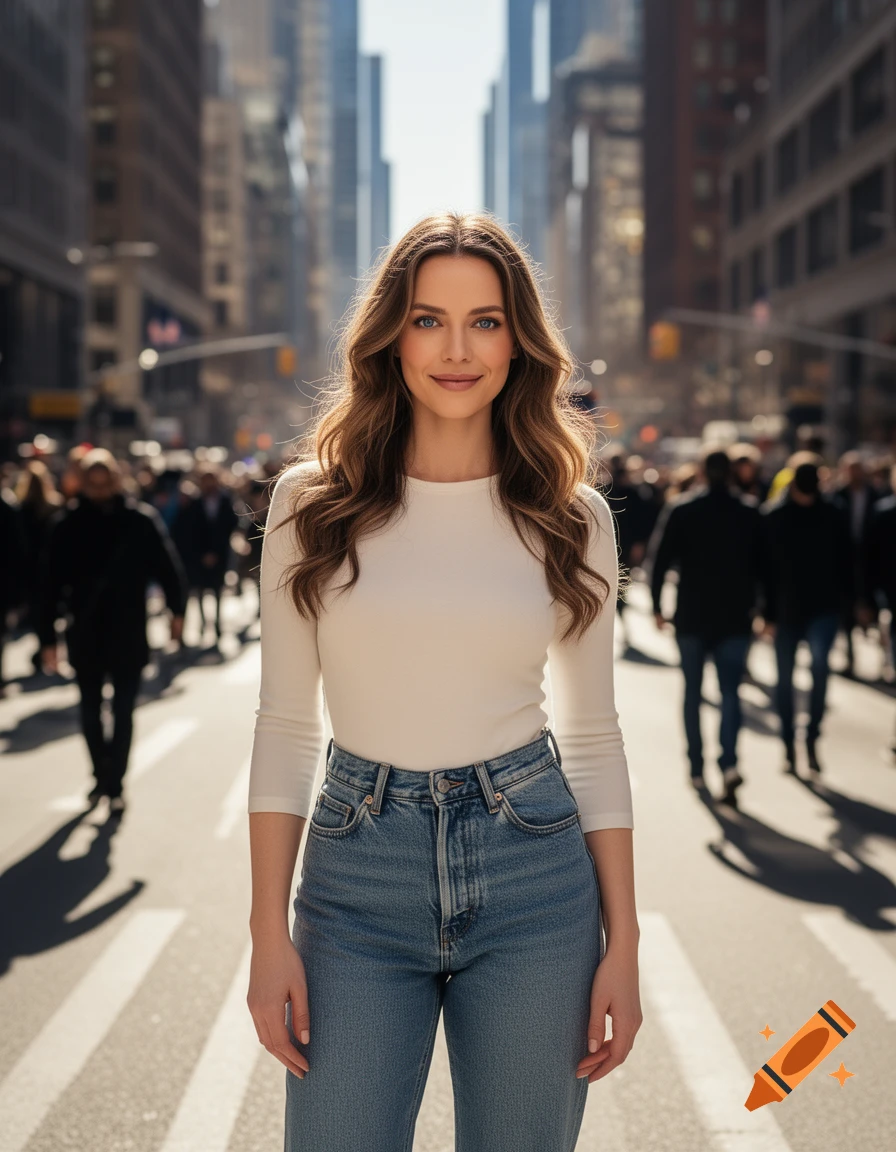 Photorealistic portrait of a young woman with long wavy brown hair, wearing a white long-sleeve shirt and jeans, standing on a city street with blurred buildings and pedestrians in the background.