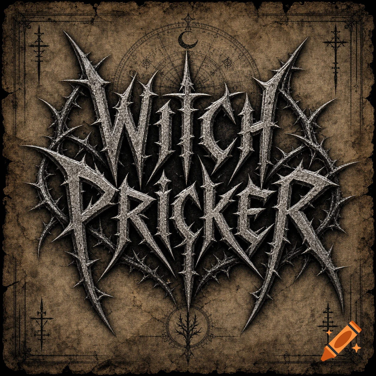 Dark, thorny metal band logo for 'Witch Pricker' on distressed parchment with occult symbols.