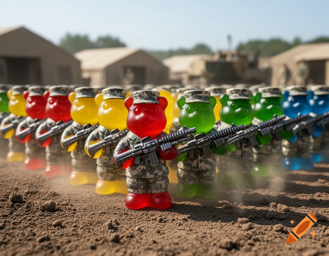 Colorful gummy bear soldiers in US military uniforms and holding rifles stand in formation on a dusty field.