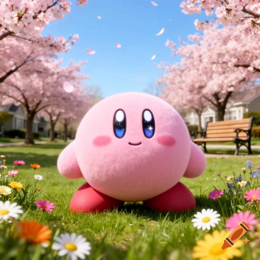 A cute, fluffy pink Kirby character with big blue eyes stands in a lush green field among colorful flowers under cherry blossom trees with falling petals.