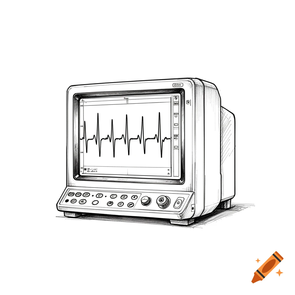 A black and white hand-drawn sketch of an ECG monitor showing a heart rate waveform on its screen, with buttons and dials below.