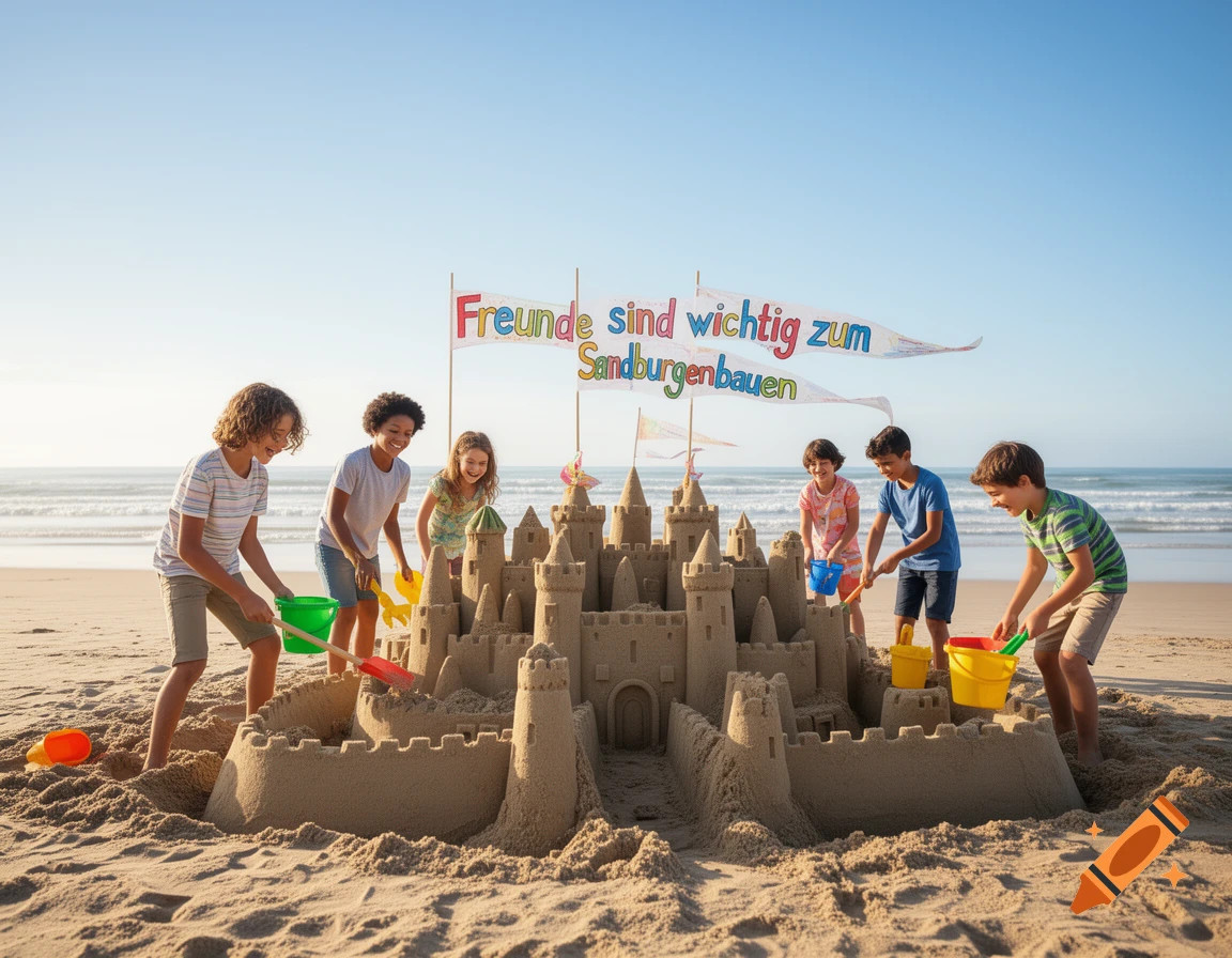 Six cheerful children build a large sandcastle on a sunny beach, with banners reading 'Freunde sind wichtig zum Sandburgenbauen'.