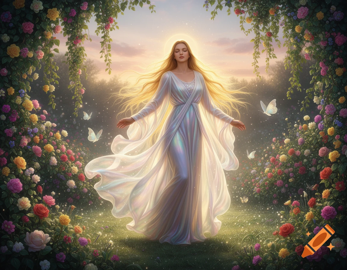 An ethereal woman with long blonde hair and a glowing white dress stands in a vibrant, flower-filled garden with butterflies, bathed in soft, divine light.