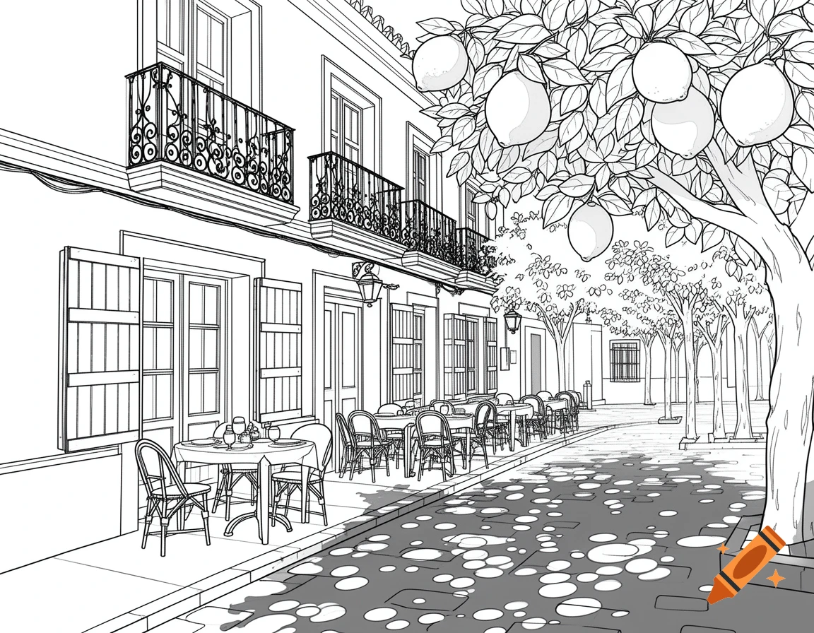 Black and white line art illustration of an outdoor cafe on a European street with a lemon tree and dappled shadows, suitable for a coloring book.