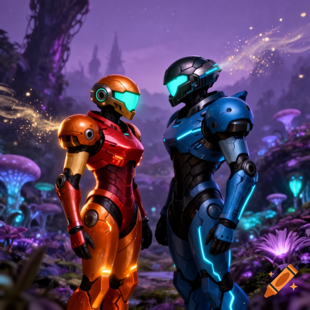 Two armored figures, one orange and one blue, stand in a glowing alien forest under a purple sky.