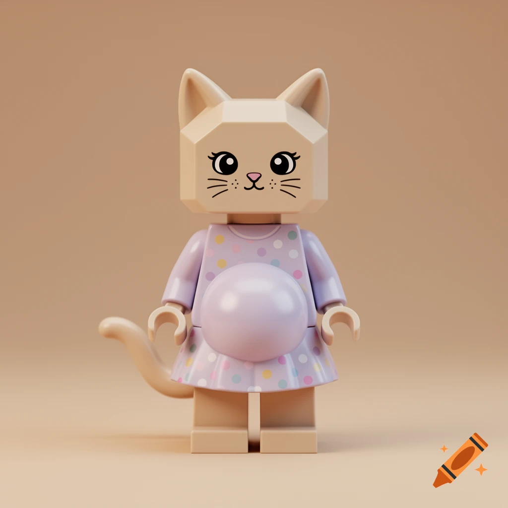 A Lego-style minifigure of a pregnant catgirl, depicted in light brown with a pink polka-dotted dress and a rounded belly, set against a plain beige background.