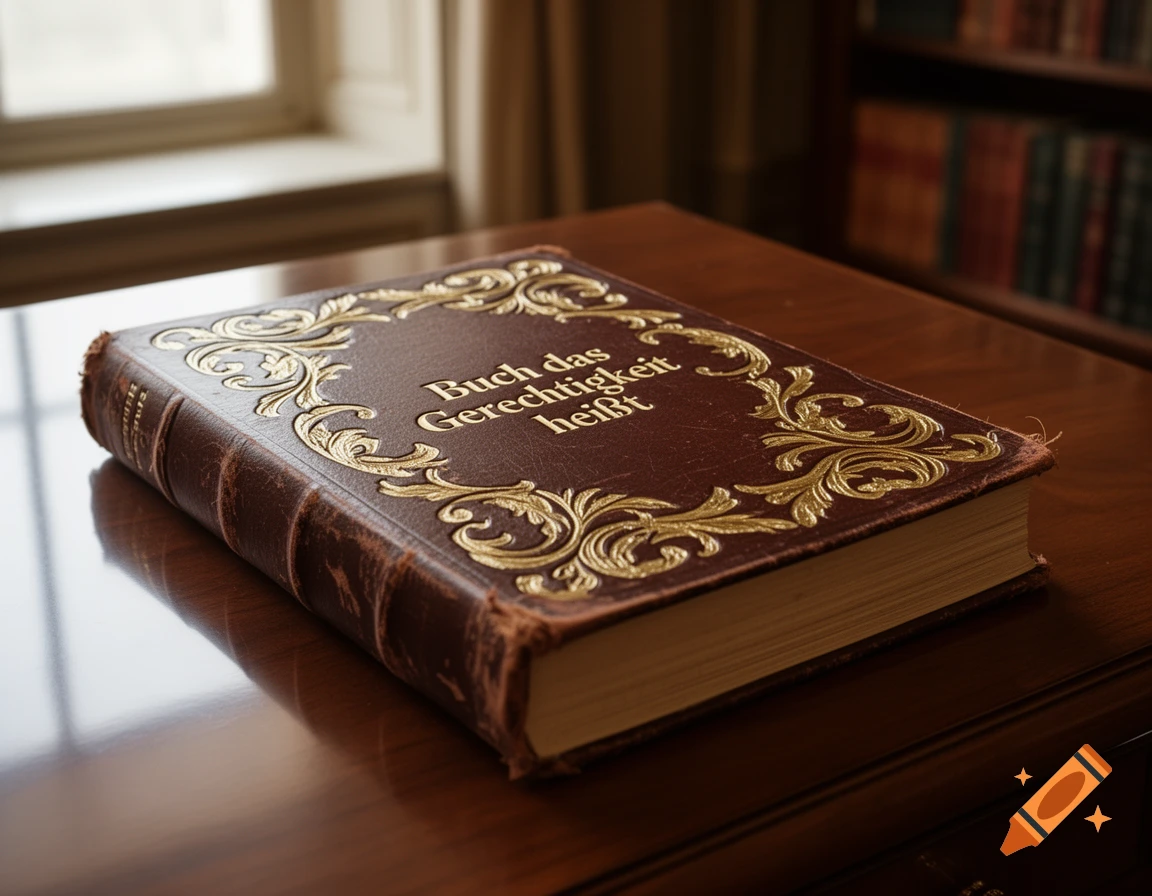 A brown leather-bound book with gold filigree and 'Buch das Gerechtigkeit heißt' on its cover rests on a polished wooden table.