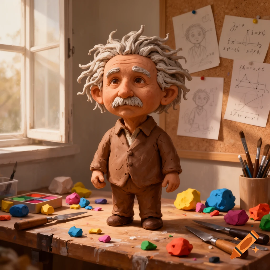 Claymation figure of Albert Einstein on a workbench with colorful clay, sculpting tools, and papers in a sunny room.