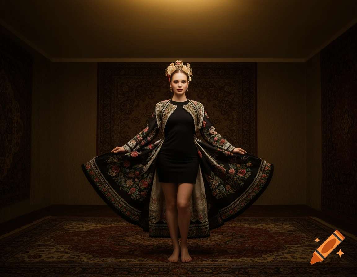 A woman in a short black dress and a long, embroidered floral coat stands barefoot in a room with patterned carpets, lit from above.