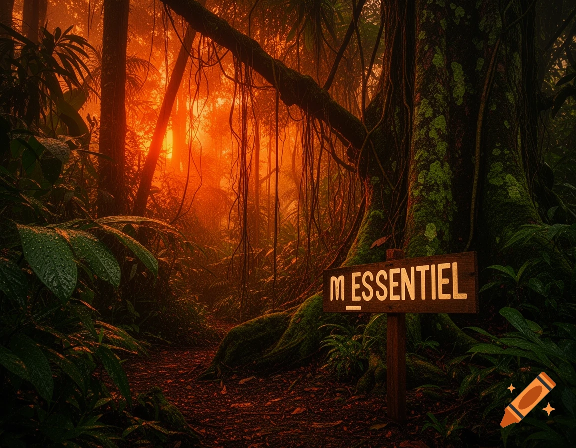 A lush, orange-lit jungle path with a sign saying "m ESSENTIEL" next to a large tree.