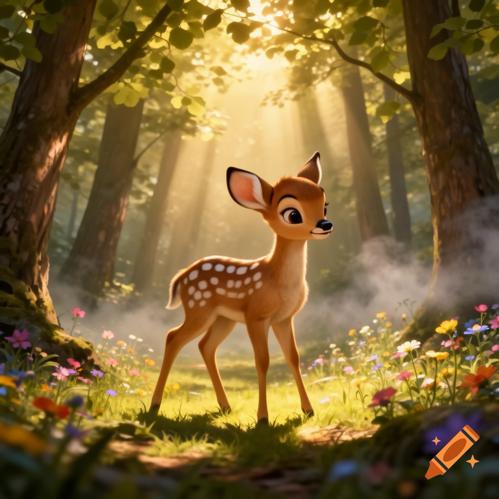 A cute fawn, resembling Bambi, stands in a sun-dappled magical forest filled with colorful wildflowers.