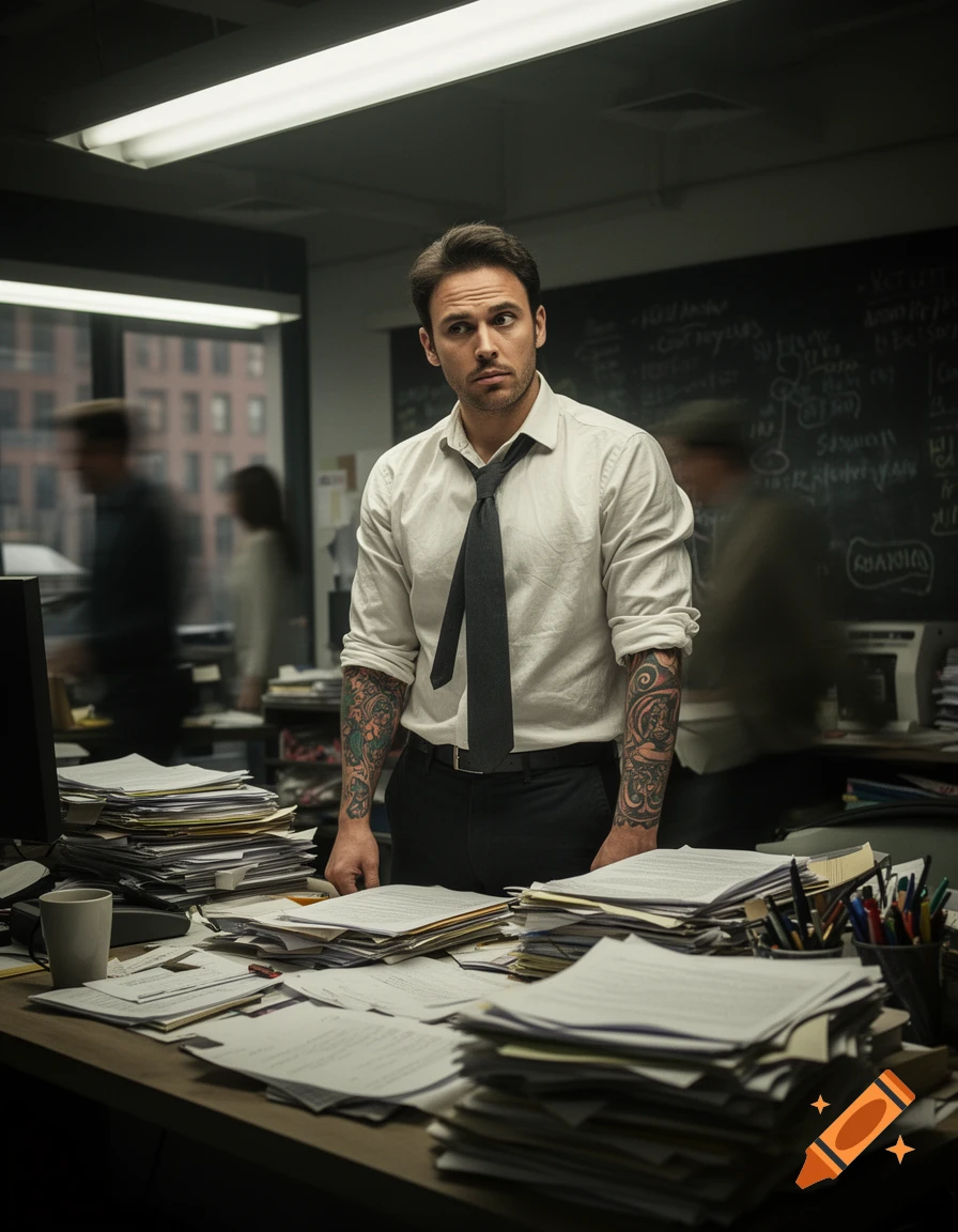 Photorealistic image of a tattooed man with a concerned expression, standing in a messy office surrounded by stacks of papers.