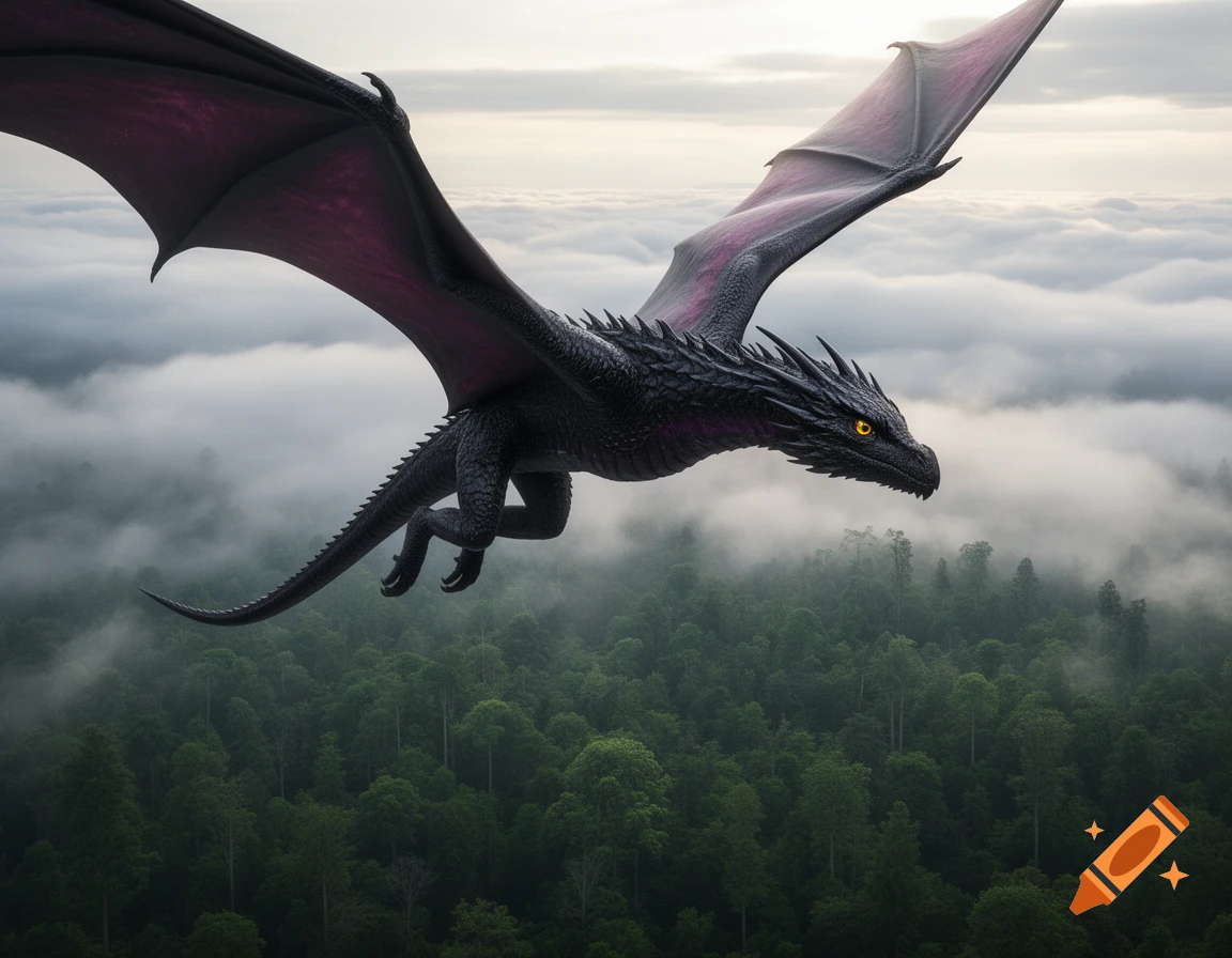 A majestic black wyvern with purple highlights and golden eyes soars above a lush green forest, piercing through clouds.