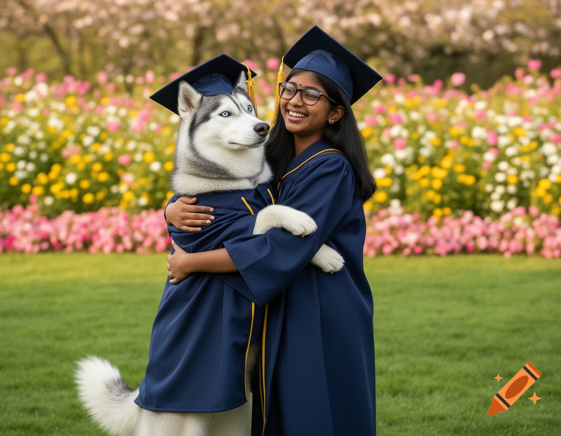 An Indian girl in a graduation gown and cap hugs a husky dog also wearing a graduation gown and cap, smiling in a flower garden.
