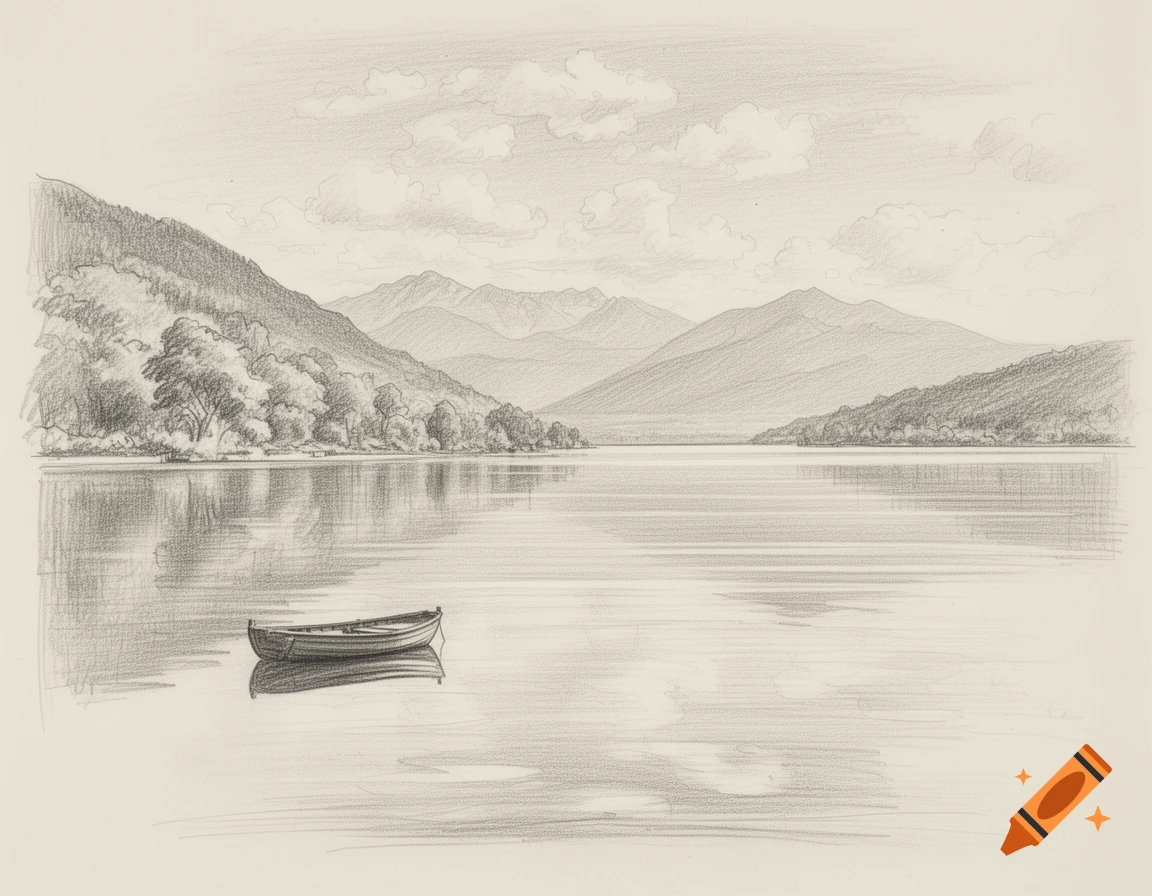 Pencil sketch of a serene lake surrounded by mountains and trees, with a small boat floating on the water.