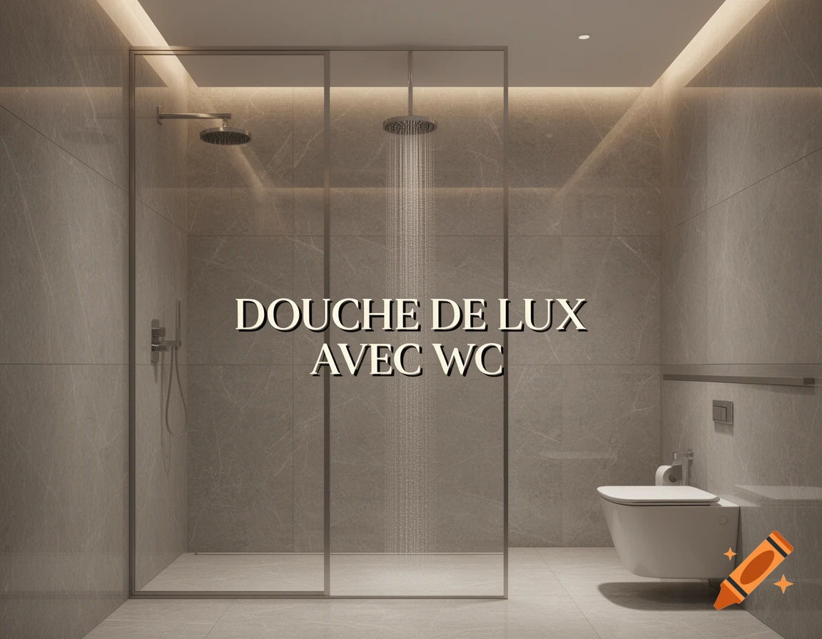 Modern luxury bathroom with a glass shower and floating toilet, featuring text 'DOUCHE DE LUX AVEC WC'.