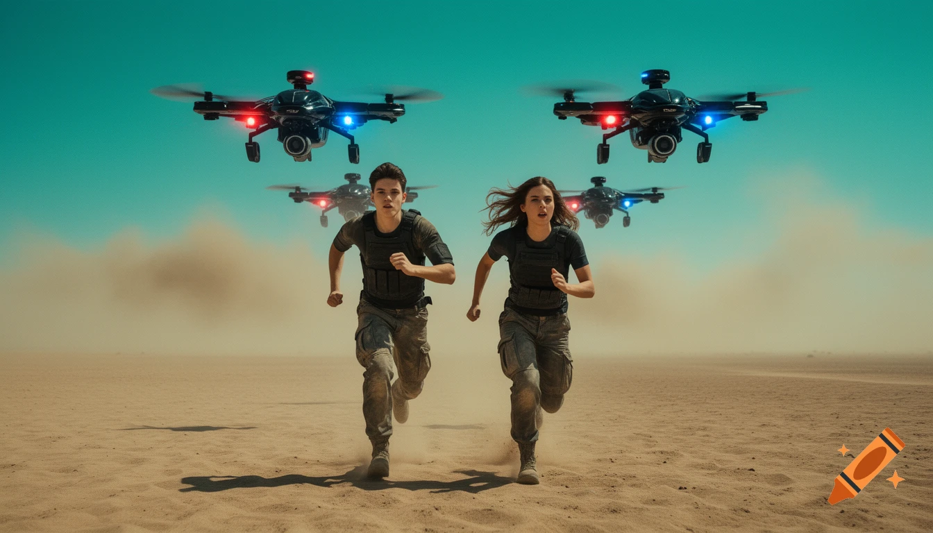 A man and a woman run across a desert landscape, pursued by futuristic police drones in a cinematic, photorealistic style.