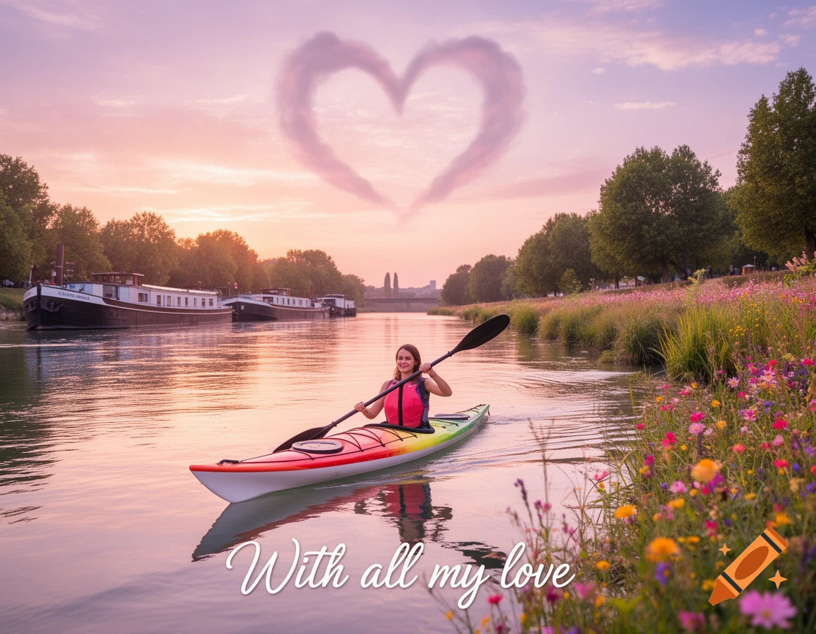 A woman kayaks on a scenic river at sunset, with barges and flowers on the banks and a heart in the sky.
