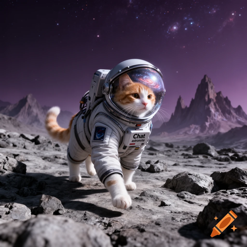 An orange and white cat in a detailed astronaut suit walks on a rocky alien planet under a purple, star-filled sky.