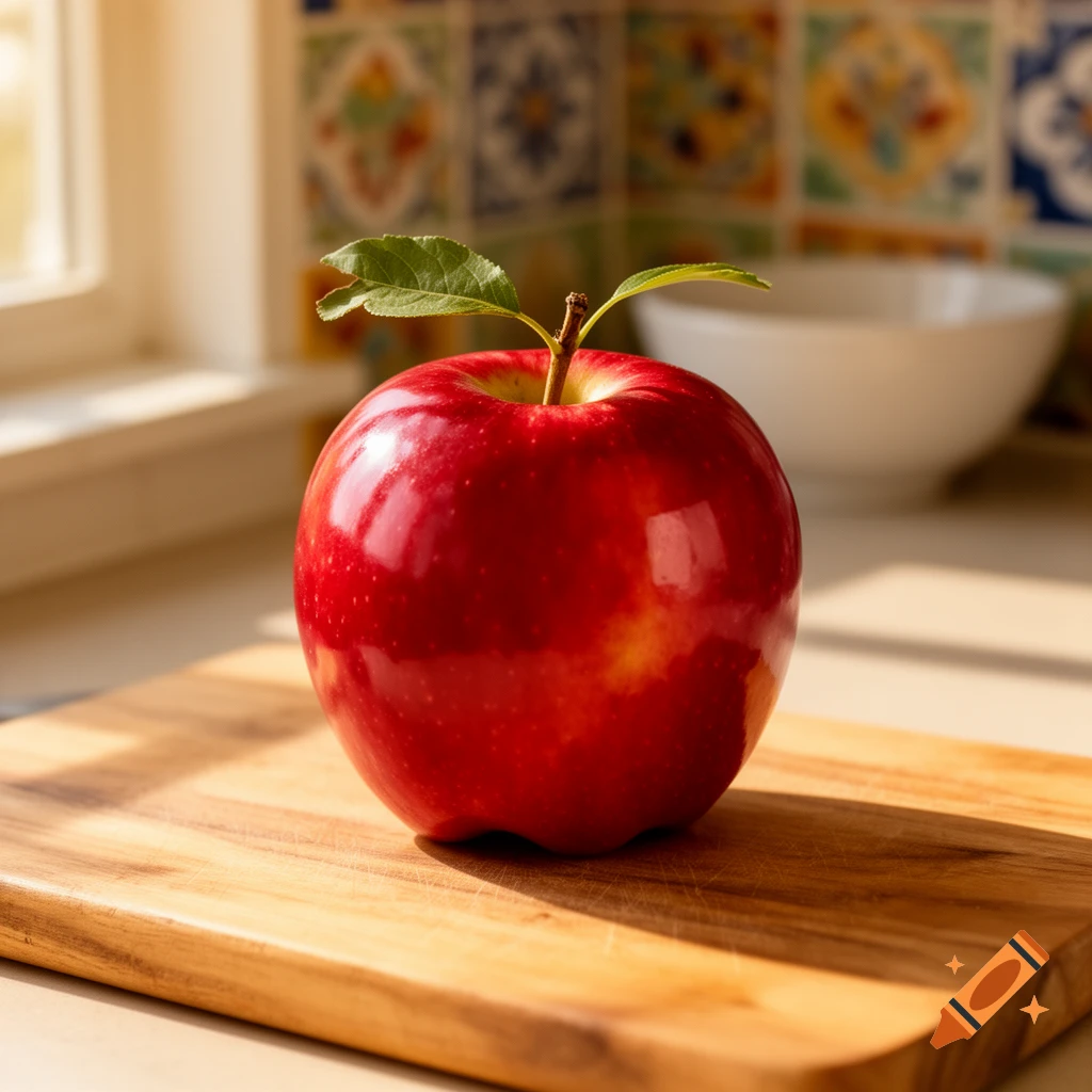 A shiny red apple with green leaves on a wooden cutting board in a sunlit kitchen with blurred tiles and a window in the background.