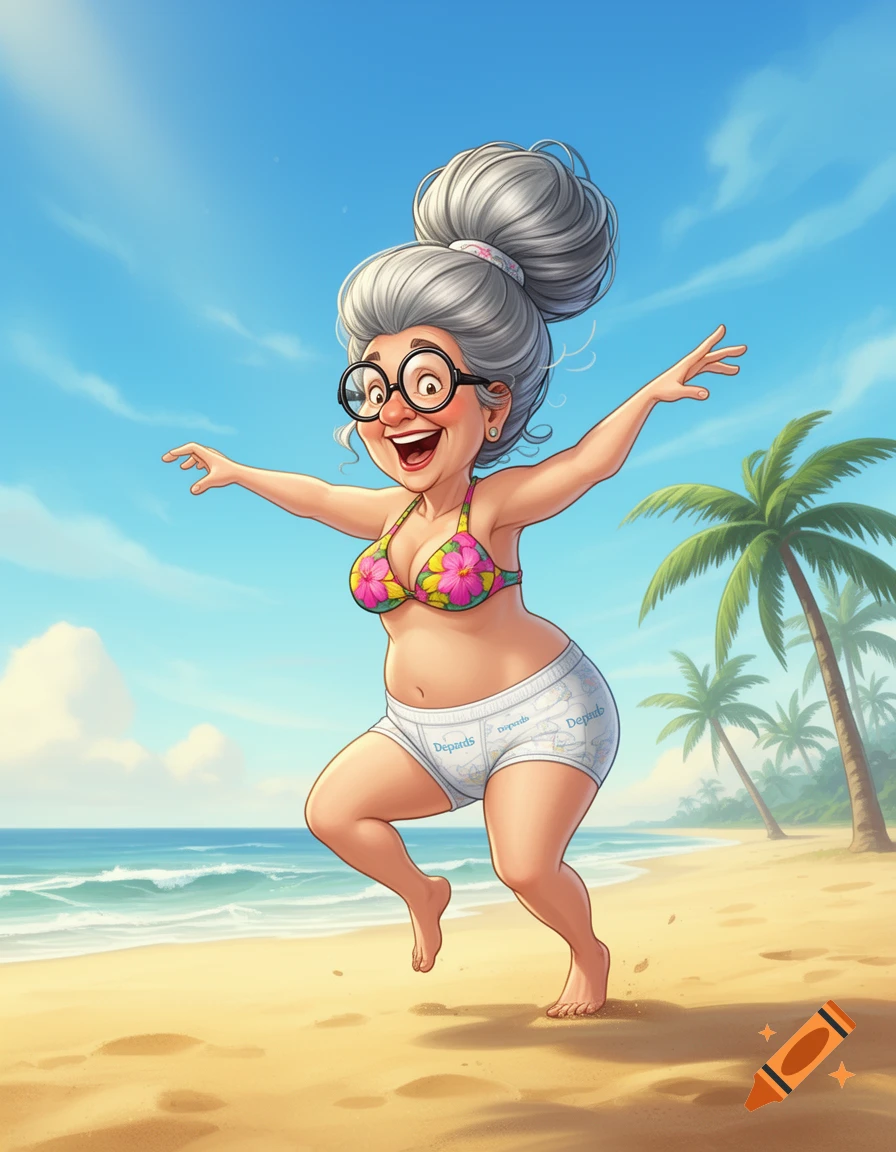Cartoon grandma with a gray bun and glasses, wearing a floral bikini top and white adult diapers, happily dancing on a sunny beach with palm trees.