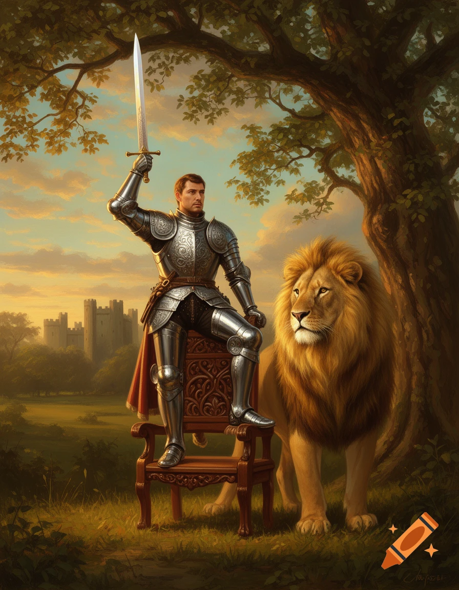 A knight in shining armor with a sword raised, standing with one foot on a carved wooden chair, next to a lion in a grassy landscape with a castle.