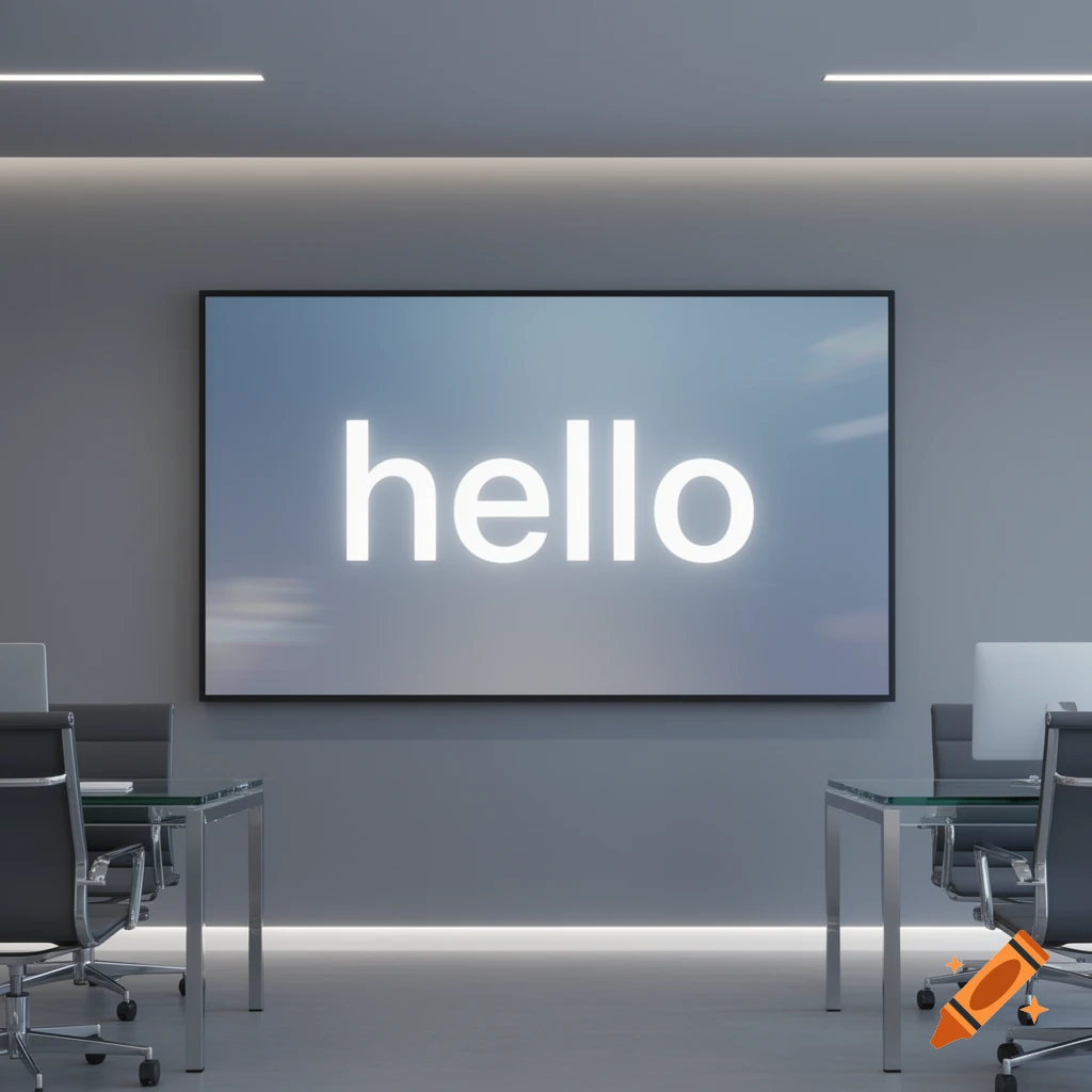 Modern office interior with gray walls and a large screen displaying 'hello', featuring glass tables and black chairs.