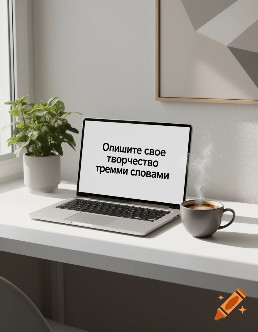 A photorealistic image of a laptop on a white desk with a steaming coffee cup and a potted plant. The laptop screen displays Russian text.