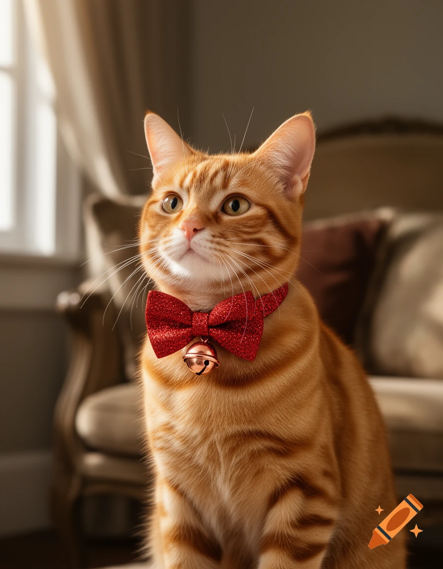 An orange tabby cat wearing a glittery red bow tie with a small rose gold bell looks up while sitting indoors.
