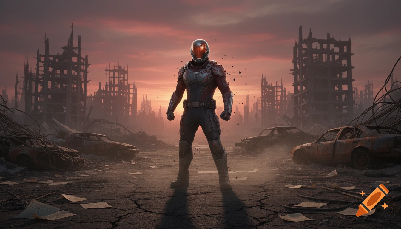 A futuristic soldier stands in a desolate, ruined city at sunset, surrounded by rubble and abandoned cars.
