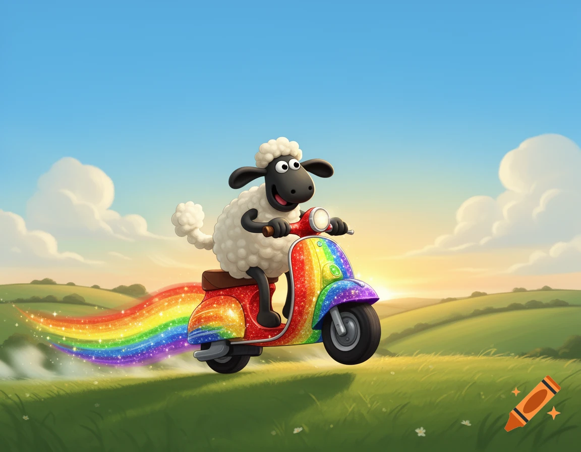 Shaun the Sheep happily rides a sparkling rainbow scooter across a green field, leaving a colorful rainbow trail.