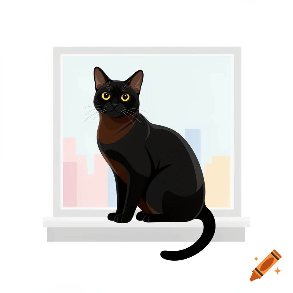 An illustration of a black Bombay cat with yellow eyes sitting on a windowsill looking out at a city skyline.