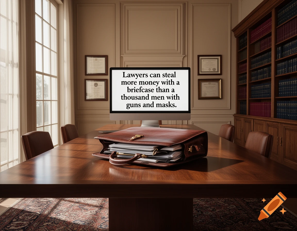 Photorealistic image of a professional conference room with a large wooden table, a brown briefcase, and a monitor displaying a quote about lawyers.