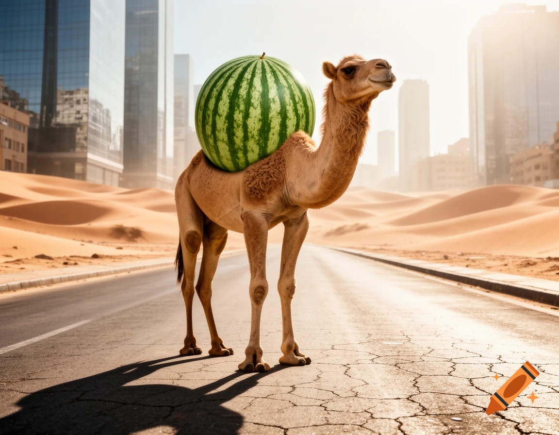 A photorealistic camel with a giant watermelon on its back stands on a cracked road between desert dunes and a modern city skyline.
