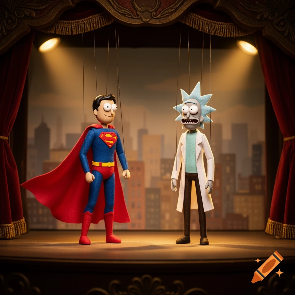 Superman puppet and Rick Sanchez puppet stand on a brightly lit theater stage with red curtains and a city backdrop.