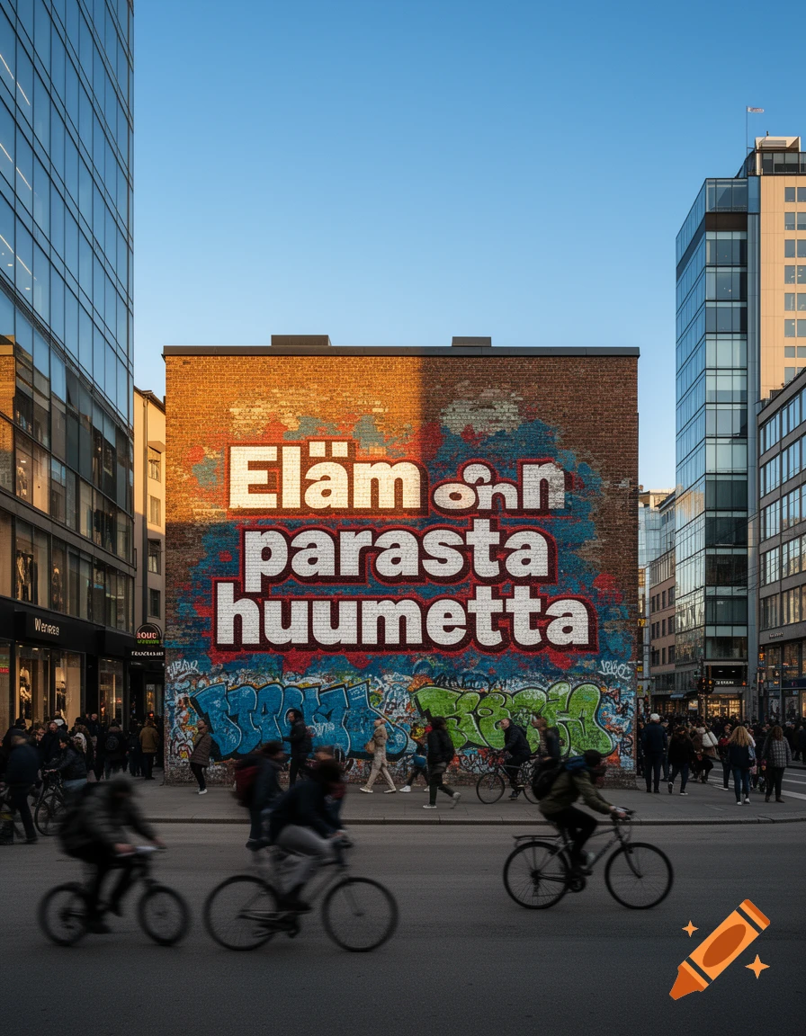 A photorealistic cityscape showing a brick building with a large 'Elämä on parasta huumetta' mural, flanked by modern glass buildings. People walk and blurred cyclists ride past.