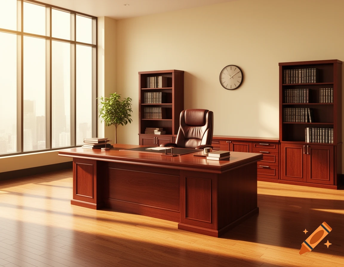 A spacious, sunlit office features a large wooden desk, a leather chair, bookshelves, a plant, and a city view.