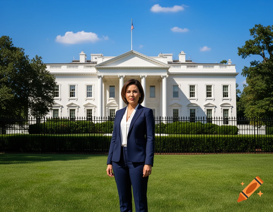 A photorealistic image of a woman in a dark blue suit standing on a green lawn in front of the White House under a clear blue sky.