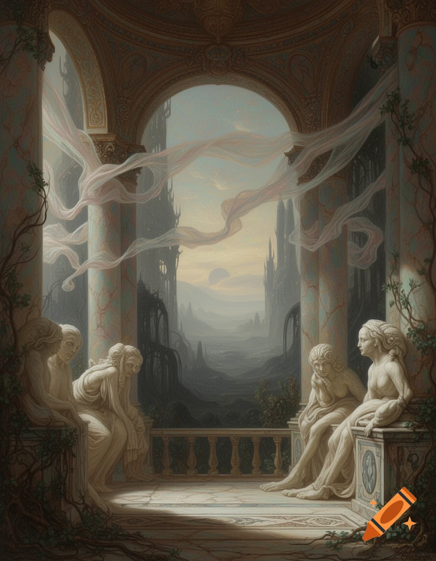 Classical statues of women in a crumbling colonnade overlook a dark, surreal landscape under flowing fabric in a painterly style.