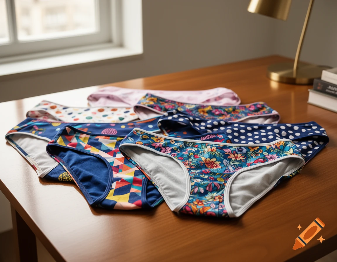 Several pairs of colorful patterned women's underwear are neatly arranged on a wooden table, with a window and lamp in the background.