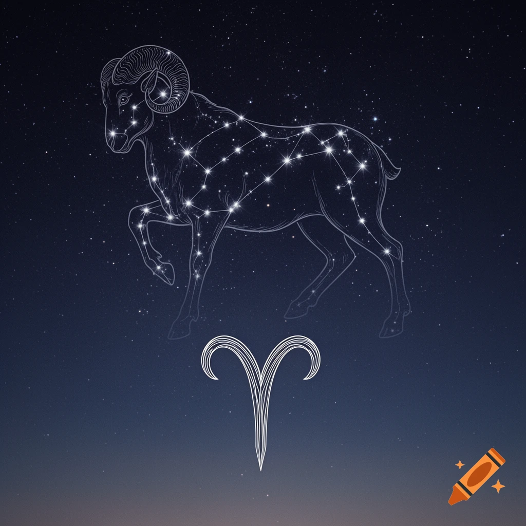 A detailed outline of the Aries constellation with glowing stars and its astrological symbol below, against a dark starry sky.