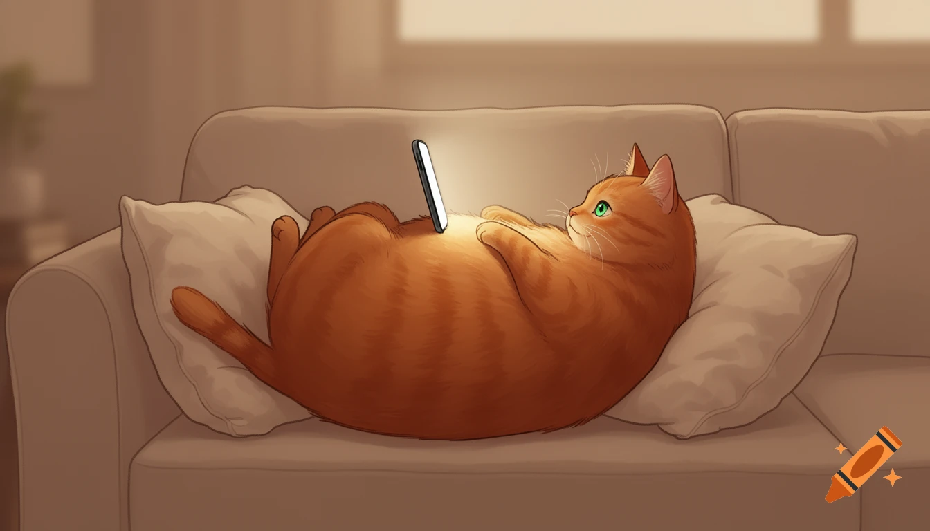 A plump ginger cat with green eyes lies on its back on a sofa, looking at a glowing smartphone resting on its belly. Minimalist illustration.