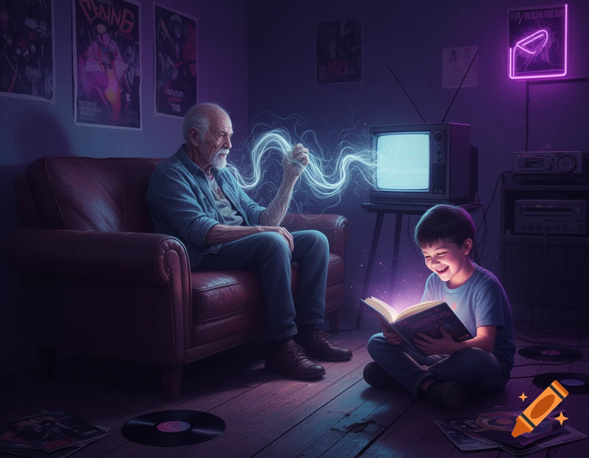 An old man on a couch with static waves connecting to a retro TV, while a happy boy on the floor reads a glowing book in a dark, cyberpunk-themed room.