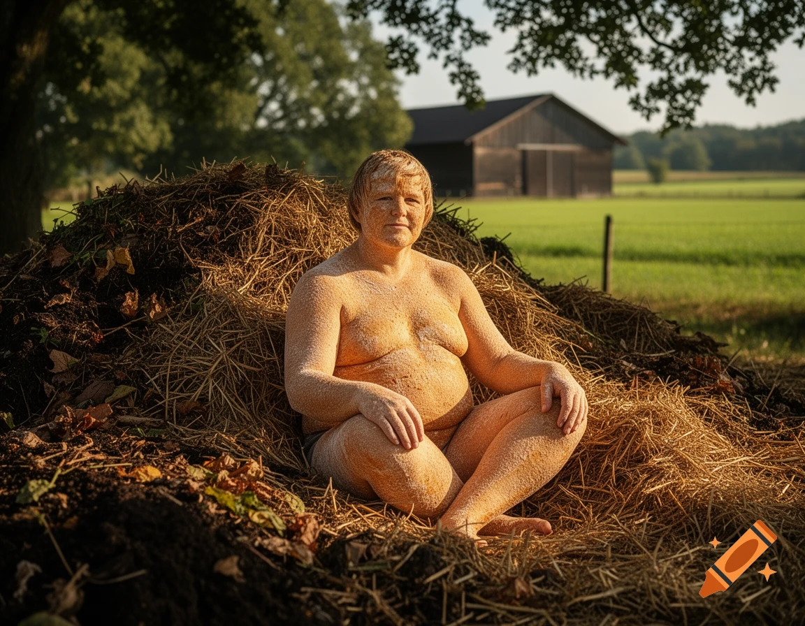 A photorealistic image of a person with bread-textured skin sitting in a haystack with a barn and field in the background.