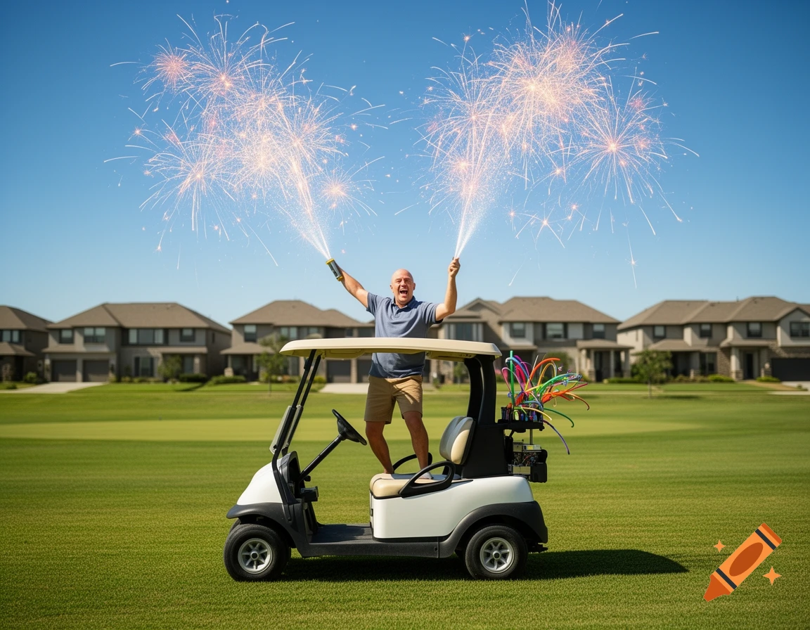 A bald man stands in a golf cart, firing fireworks into a clear blue sky on a sunny golf course with houses.