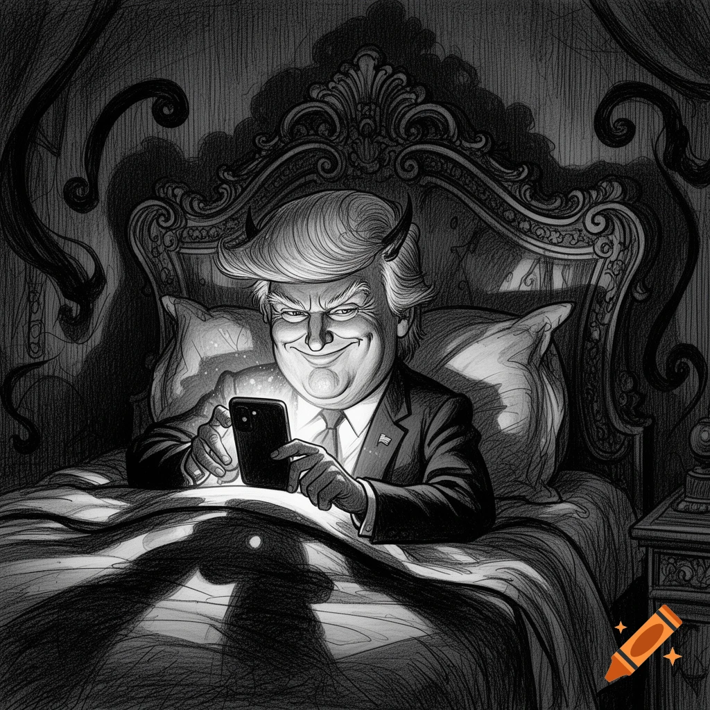 Black and white pencil drawing of a caricatured Donald Trump with devil horns, smirking in bed while looking at his phone.