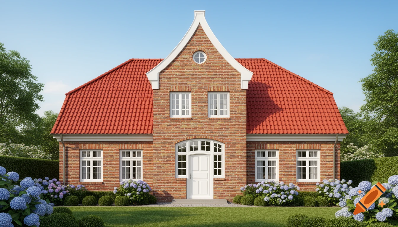 Photorealistic rendering of a traditional brick house with a steep red tiled roof, white trim, and a front garden with blue hydrangeas and green bushes under a clear blue sky.